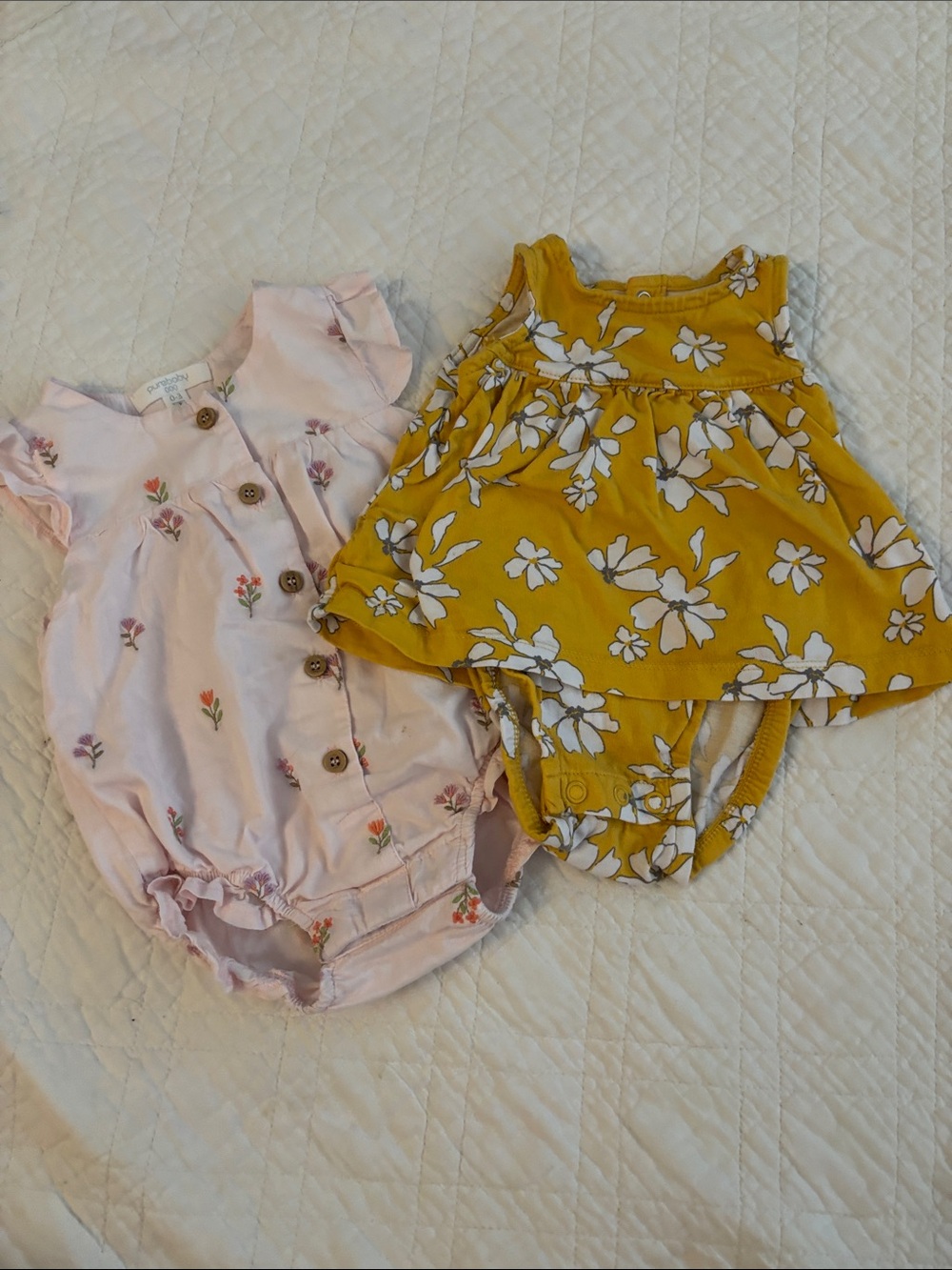 Purebaby Pink Floral Button Romper & Mustard Floral Skater Romper